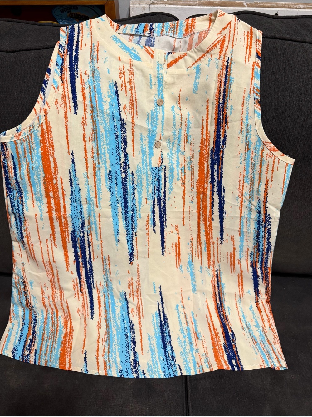 Sleeveless Cream Stripe Print Women's Top - Blue & Orange